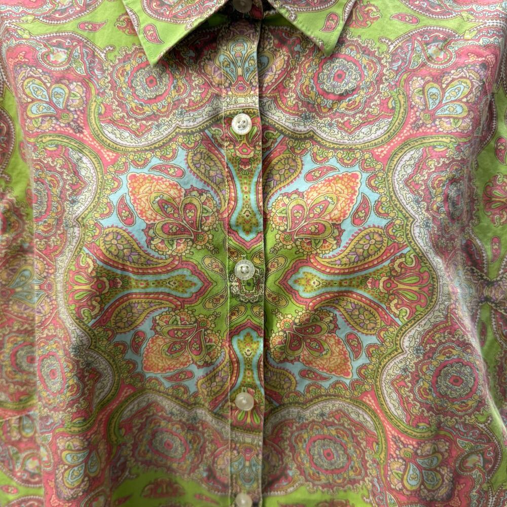 🌿 Lands’ End 22W Women’s Vintage Green Paisley Button Shirt Boho Prep Top - Picture 6 of 6